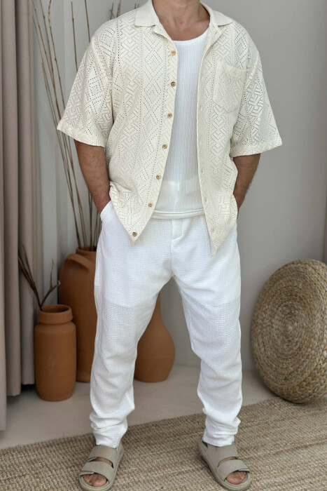 BELT DETAIL SIMPLE MEN PANTS WHITE-E BARDHE 