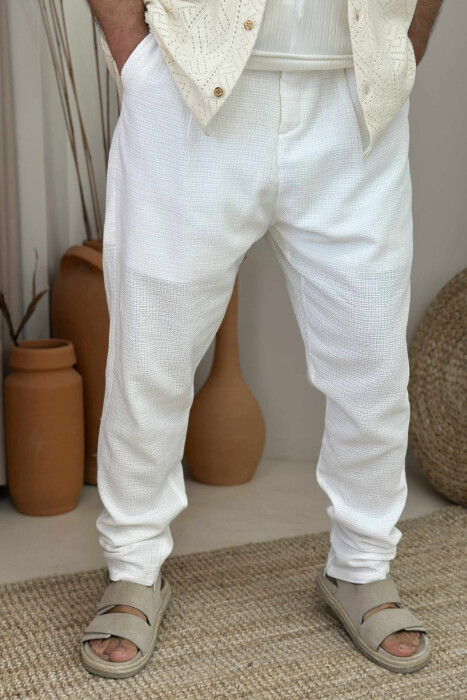 BELT DETAIL SIMPLE MEN PANTS WHITE-E BARDHE - 2