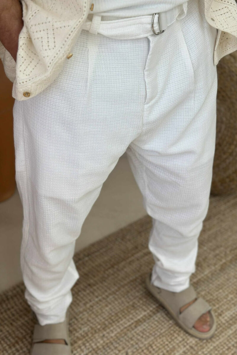 BELT DETAIL SIMPLE MEN PANTS WHITE-E BARDHE - 3