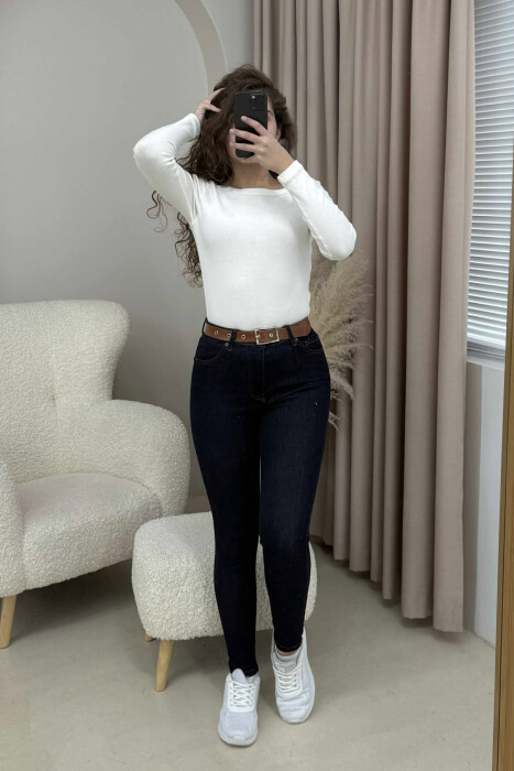 BELT DETAIL SIMPLE WOMEN JEANS DARK BLUE/BEE - 1