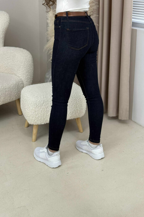 BELT DETAIL SIMPLE WOMEN JEANS DARK BLUE/BEE - 5