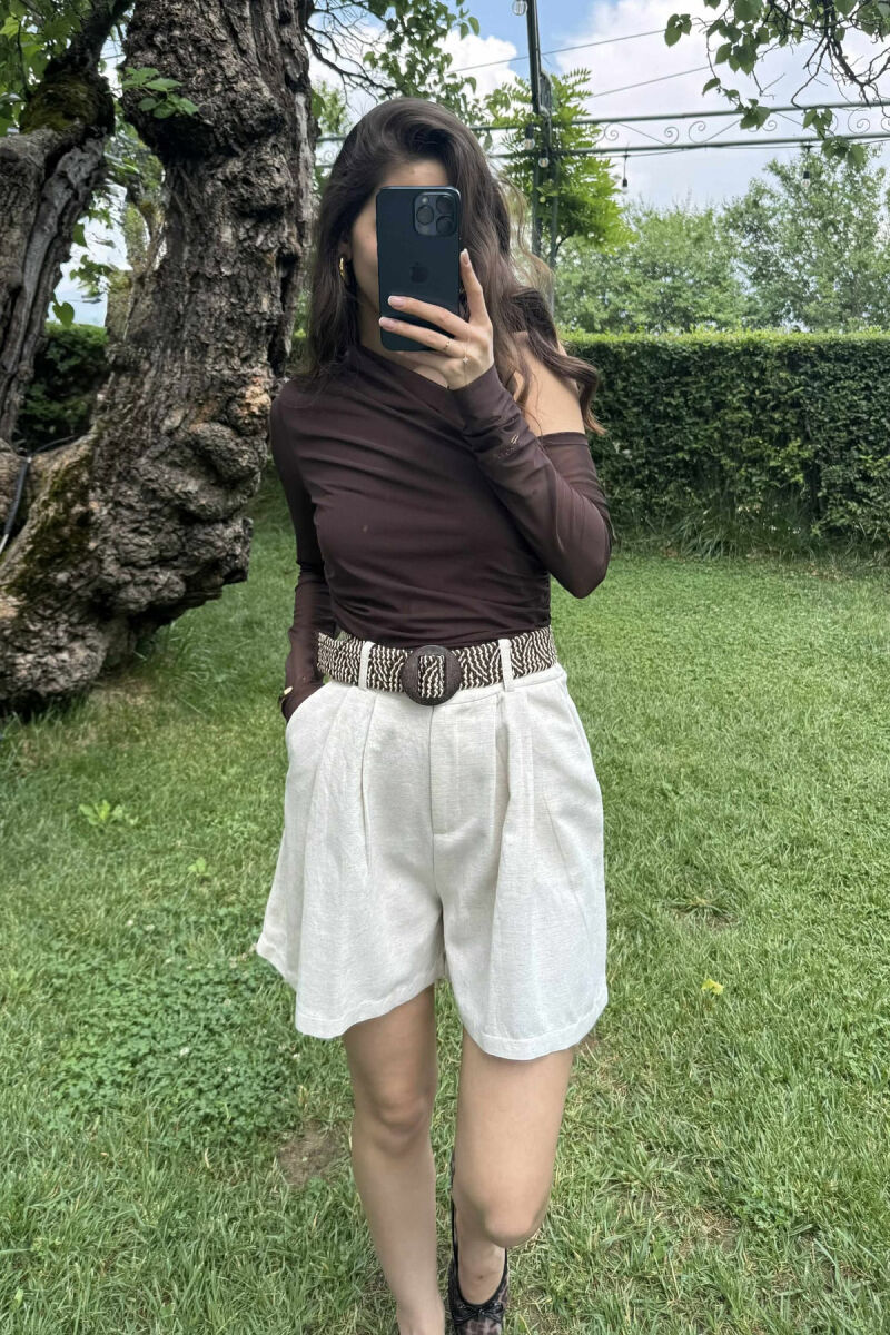 BELT DETAIL SIMPLE WOMEN SHORTS CREAM/KREM - 3