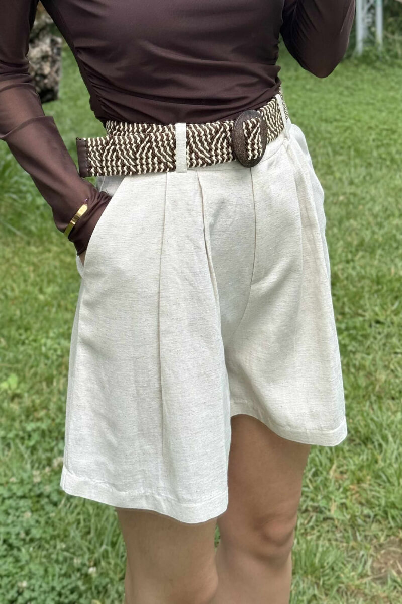 BELT DETAIL SIMPLE WOMEN SHORTS CREAM/KREM - 4