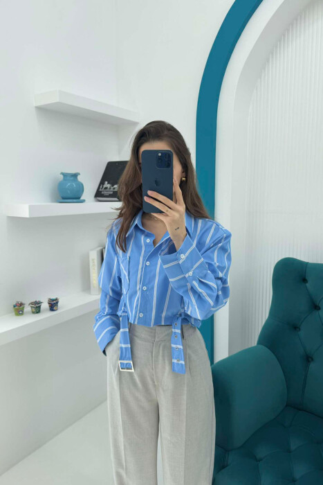 BELT DETAIL STRIPE DESIGN CROPPED WOMEN SHIRT LIGHTBLUE/BZ - 2