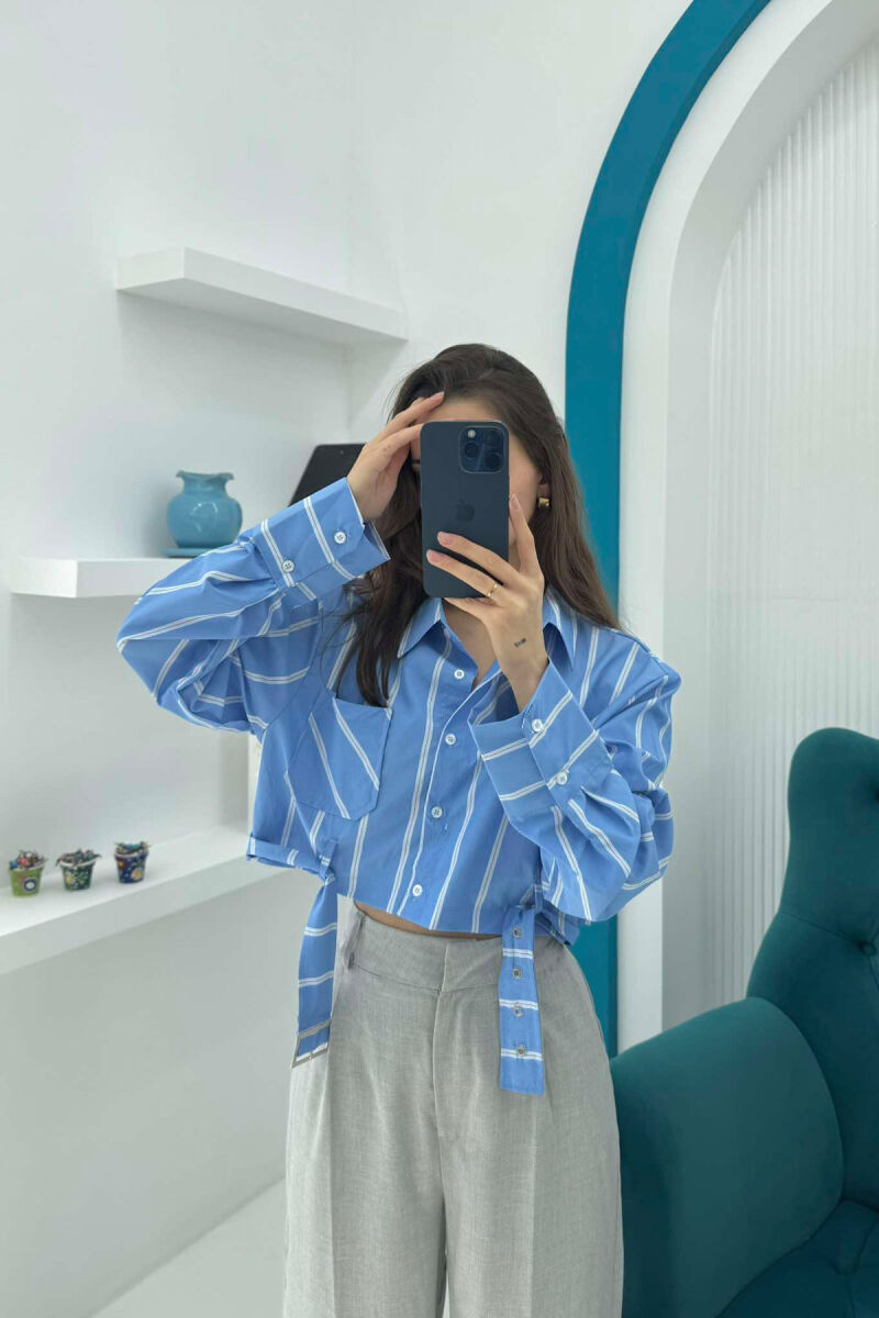 BELT DETAIL STRIPE DESIGN CROPPED WOMEN SHIRT LIGHTBLUE/BZ - 3