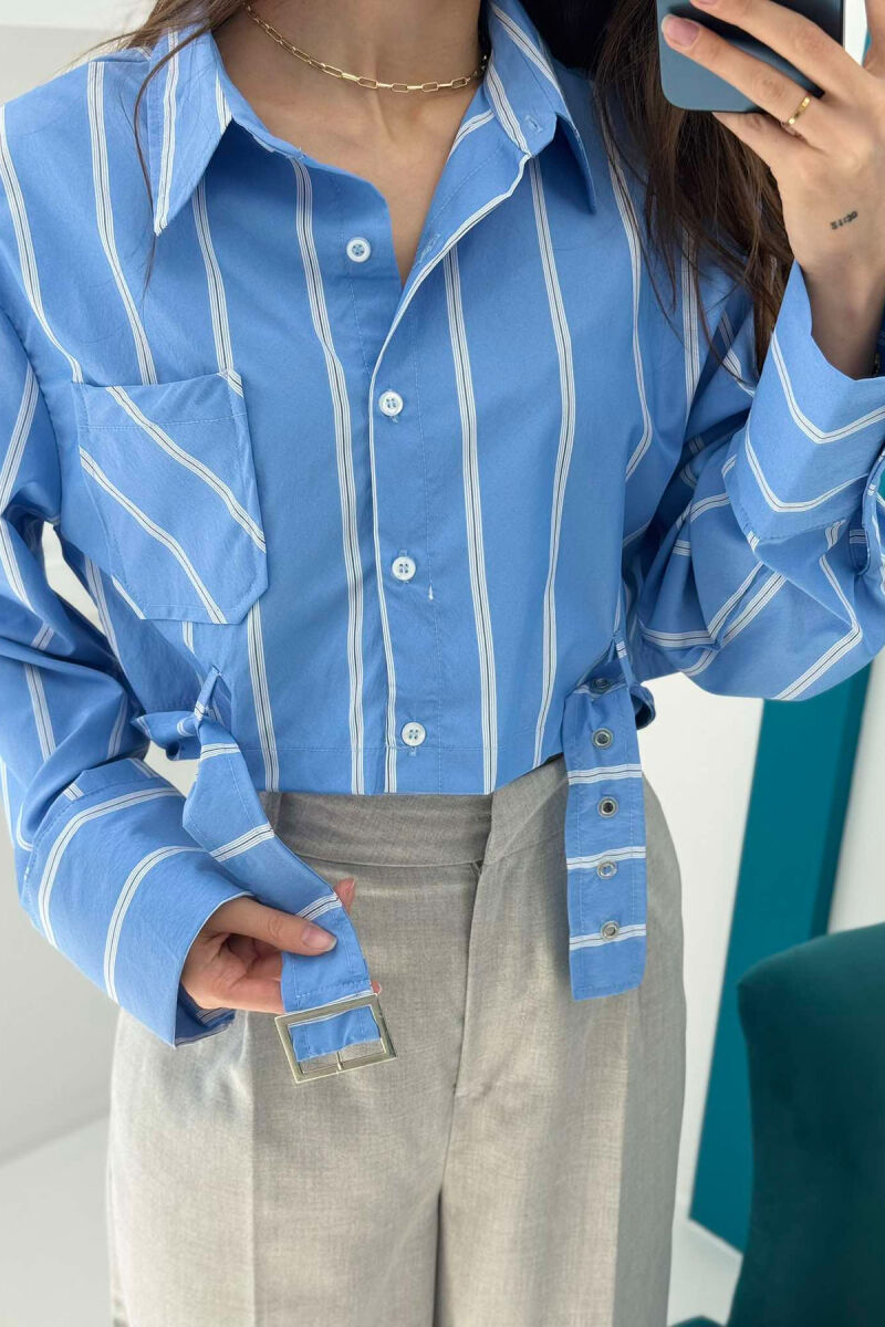 BELT DETAIL STRIPE DESIGN CROPPED WOMEN SHIRT LIGHTBLUE/BZ - 4