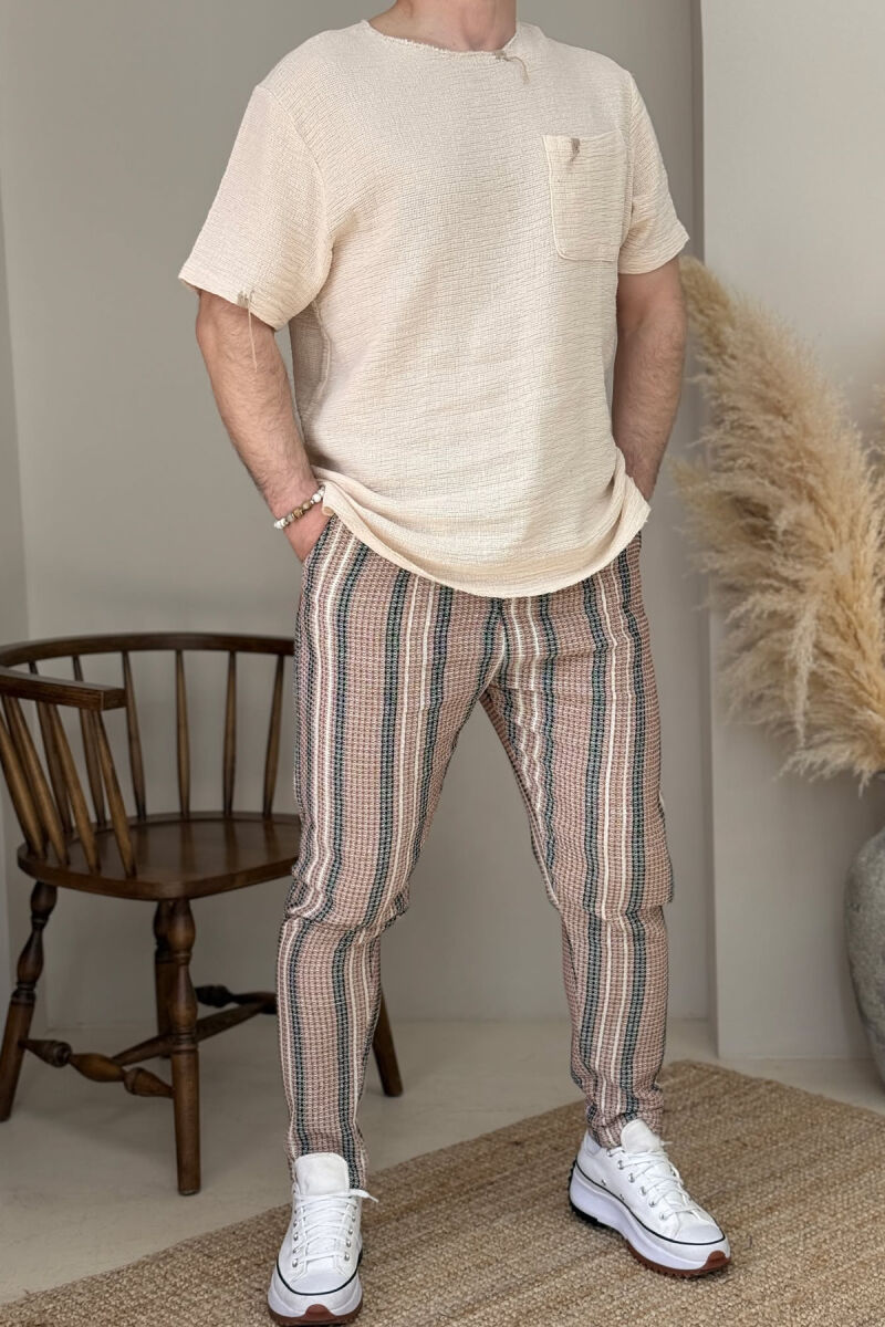 BELT DETAIL STRIPES MEN PANTS BLACK-BEIGE/ZEBE - 1