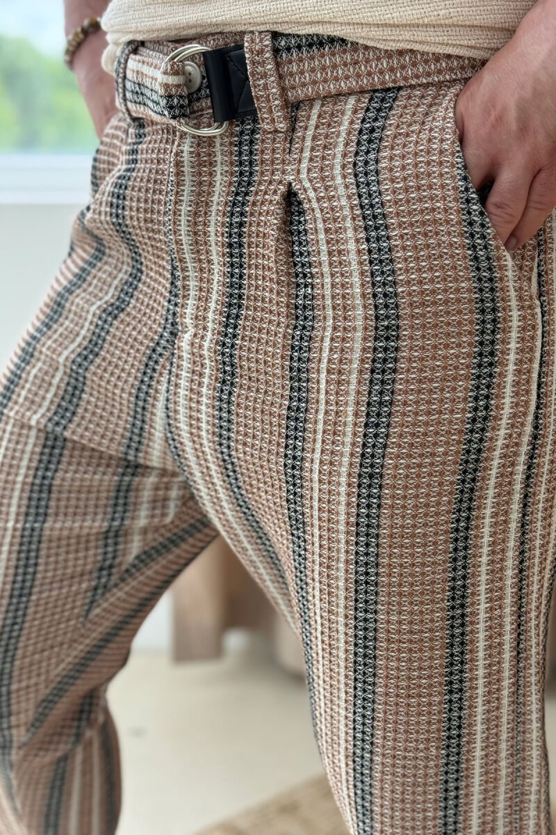 BELT DETAIL STRIPES MEN PANTS BLACK-BEIGE/ZEBE - 3