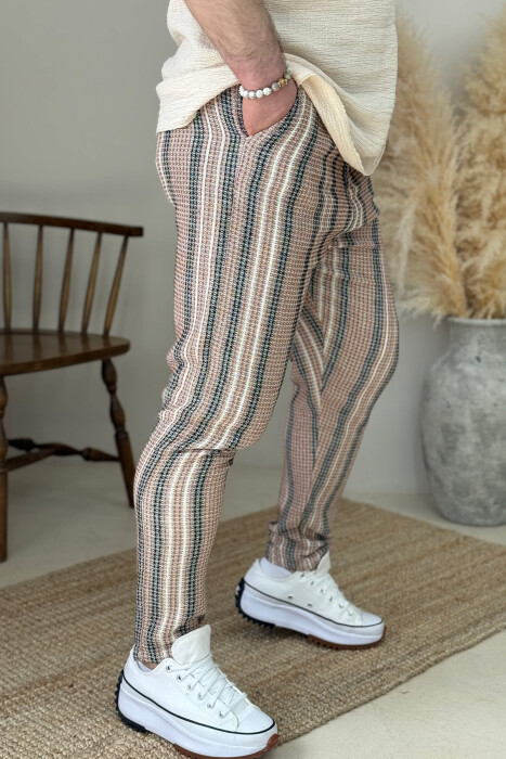 BELT DETAIL STRIPES MEN PANTS BLACK-BEIGE/ZEBE - 5