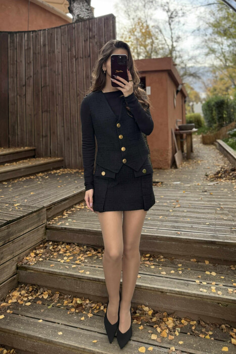 BELT DETAIL VEST+SKIRT ONE COLOR WOMEN SET BLACK/ E ZEZE - KLAUDIO FASHION