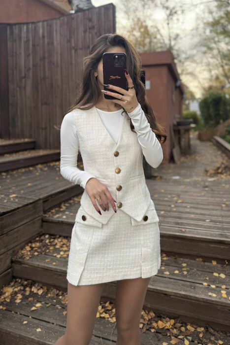 BELT DETAIL VEST+SKIRT ONE COLOR WOMEN SET CREAM/KREM - 1