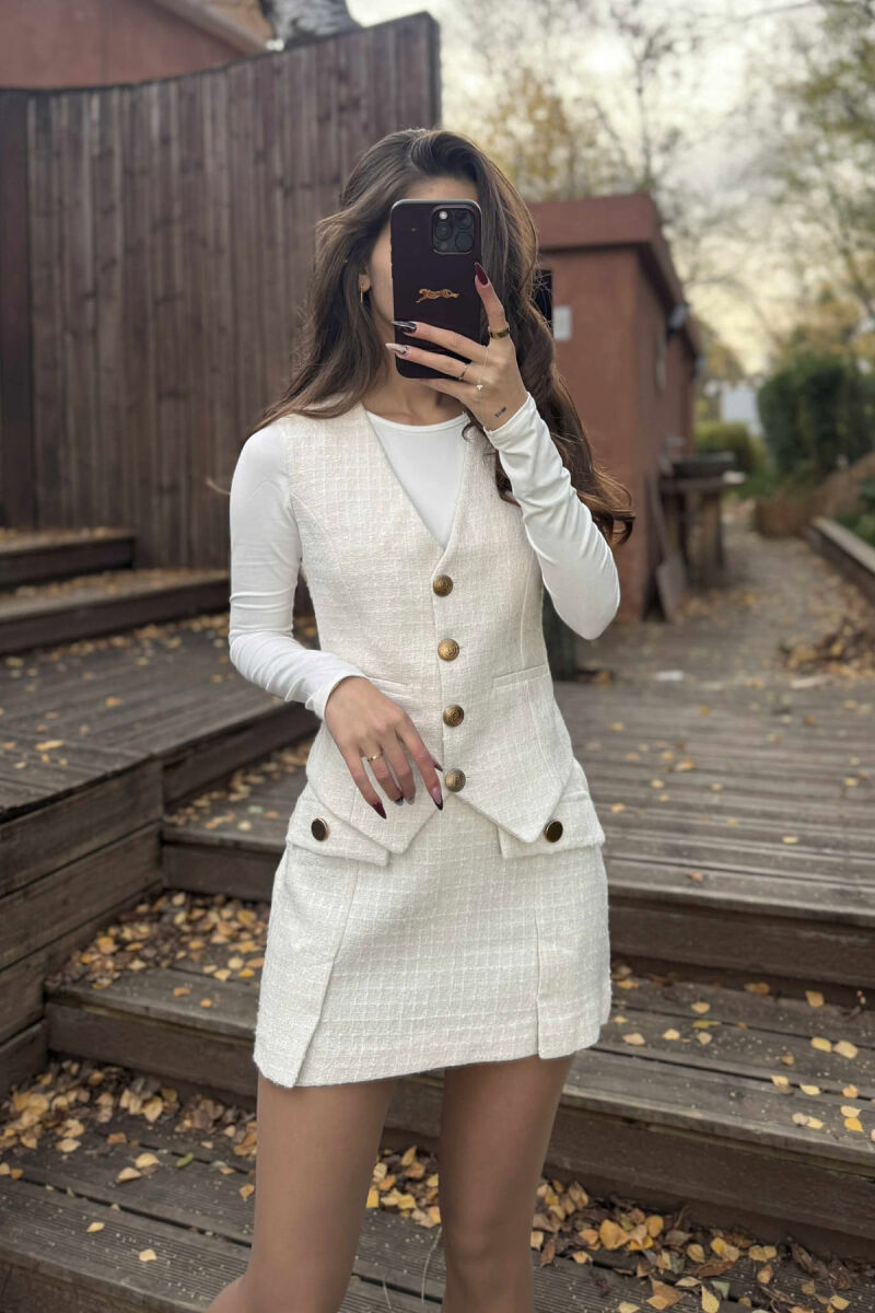 BELT DETAIL VEST+SKIRT ONE COLOR WOMEN SET CREAM/KREM - 1