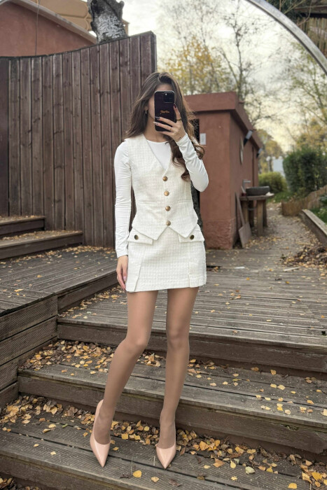 BELT DETAIL VEST+SKIRT ONE COLOR WOMEN SET CREAM/KREM - 3