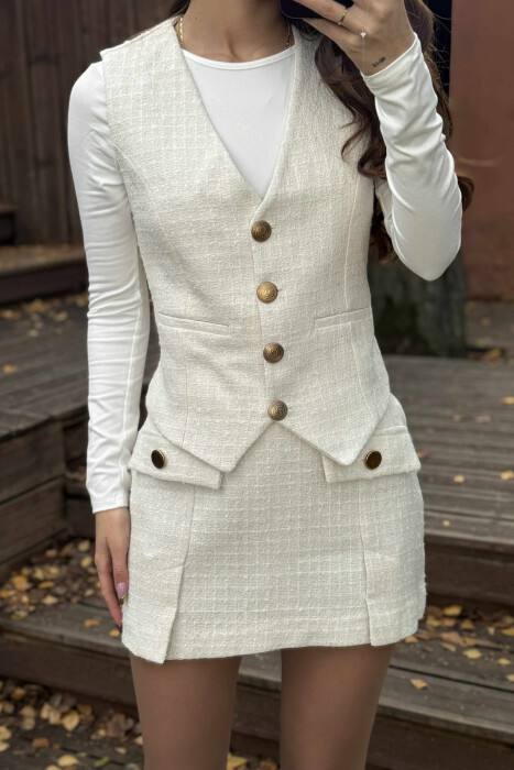BELT DETAIL VEST+SKIRT ONE COLOR WOMEN SET CREAM/KREM - 4
