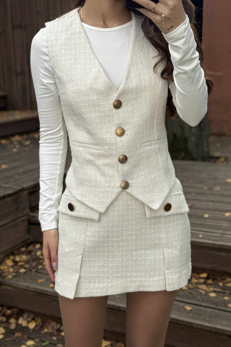 BELT DETAIL VEST+SKIRT ONE COLOR WOMEN SET CREAM/KREM - 4