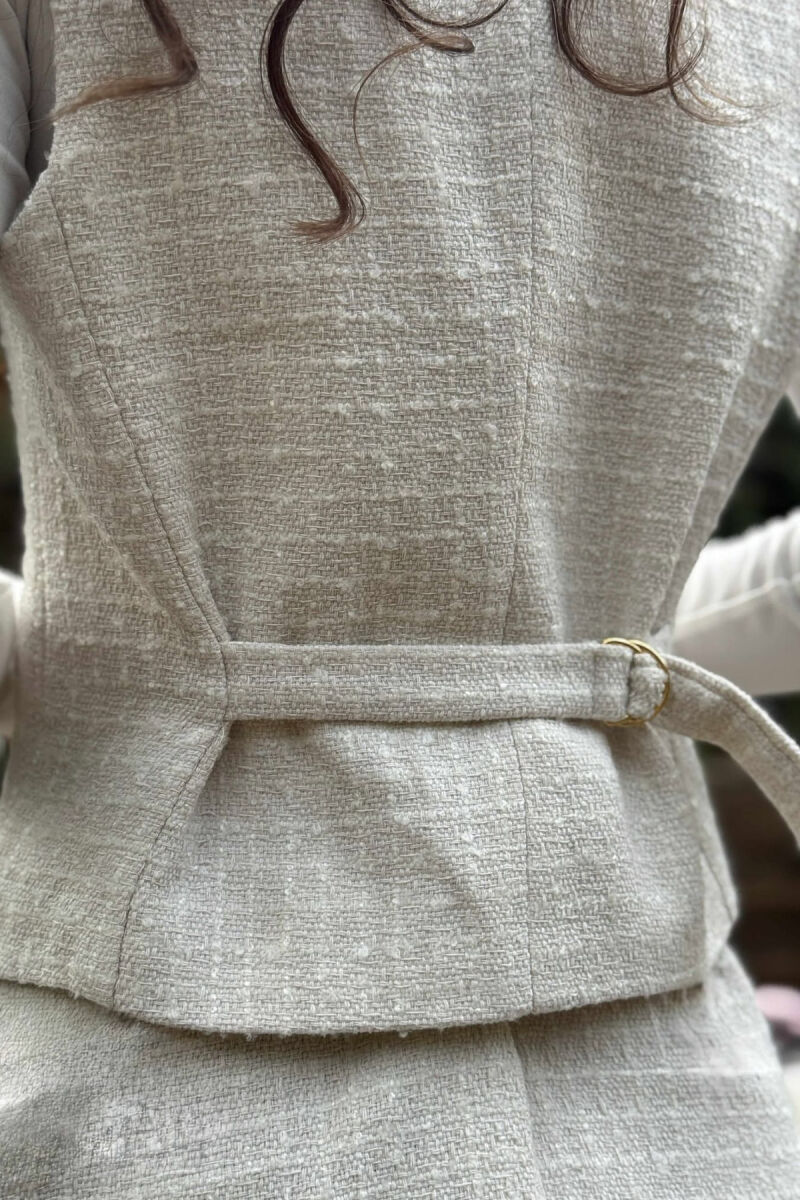 BELT DETAIL VEST+SKIRT ONE COLOR WOMEN SET CREAM/KREM - 5