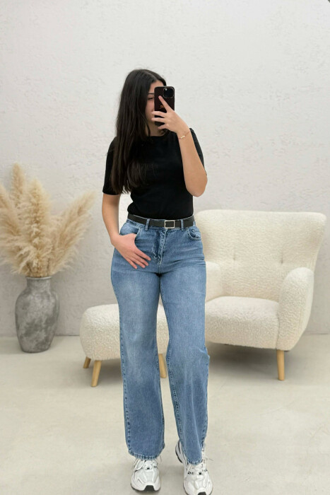 BELT DETAIL WIDE LEG WOMAN JEANS LIGHTBLUE/BZ - KLAUDIO FASHION