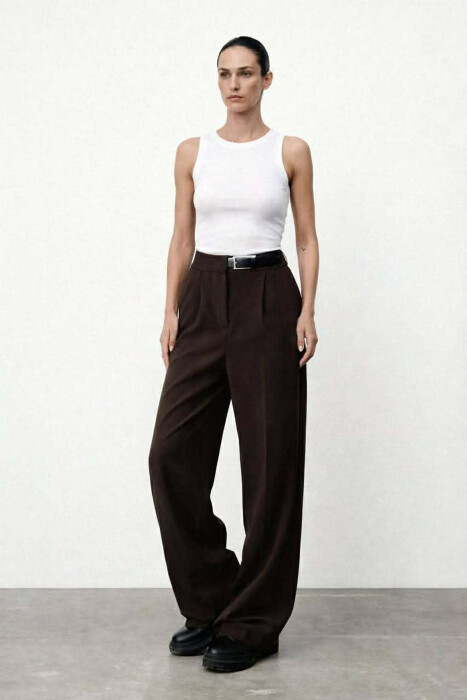 BELT DETAIL WIDE LEG WOMAN TROUSERS BROWN/KAFE - KLAUDIO FASHION