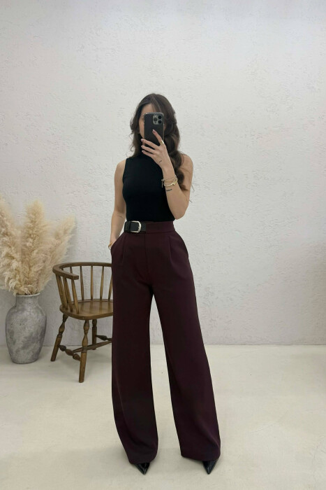 BELT DETAIL WIDE LEG WOMAN TROUSERS DARK BURGUNDY/VISHNJE E ERRET - KLAUDIO FASHION