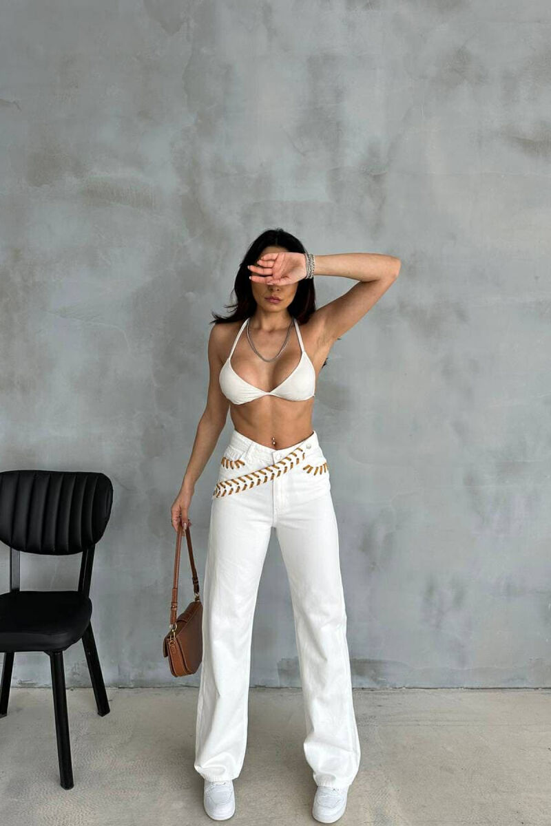 BELT DETAIL WIDE LEG WOMEN JEANS WHITE-E BARDHE - 1