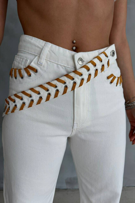 BELT DETAIL WIDE LEG WOMEN JEANS WHITE-E BARDHE - 2