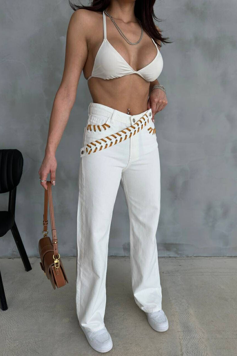 BELT DETAIL WIDE LEG WOMEN JEANS WHITE-E BARDHE - 3
