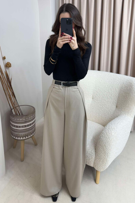 BELT DETAIL WIDE LEG WOMEN TROUSERS IN BEIGE COLOR 