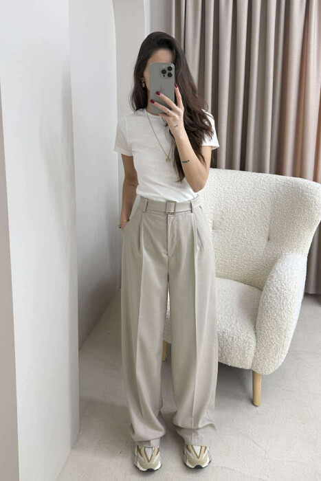 BELT DETAIL WIDE LEG WOMEN TROUSERS IN BEIGE COLOR 