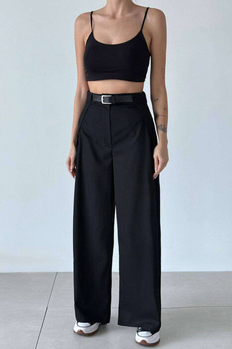 BELT DETAIL WIDE LEG WOMEN TROUSERS IN BLACK COLOR 