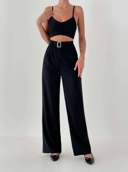 BELT DETAIL WIDE LEG WOMEN TROUSERS IN BLACK COLOR 