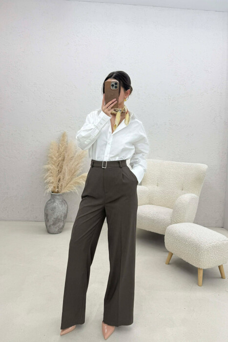 BELT DETAIL WIDE LEG WOMEN TROUSERS BROWN/KAFE - 2