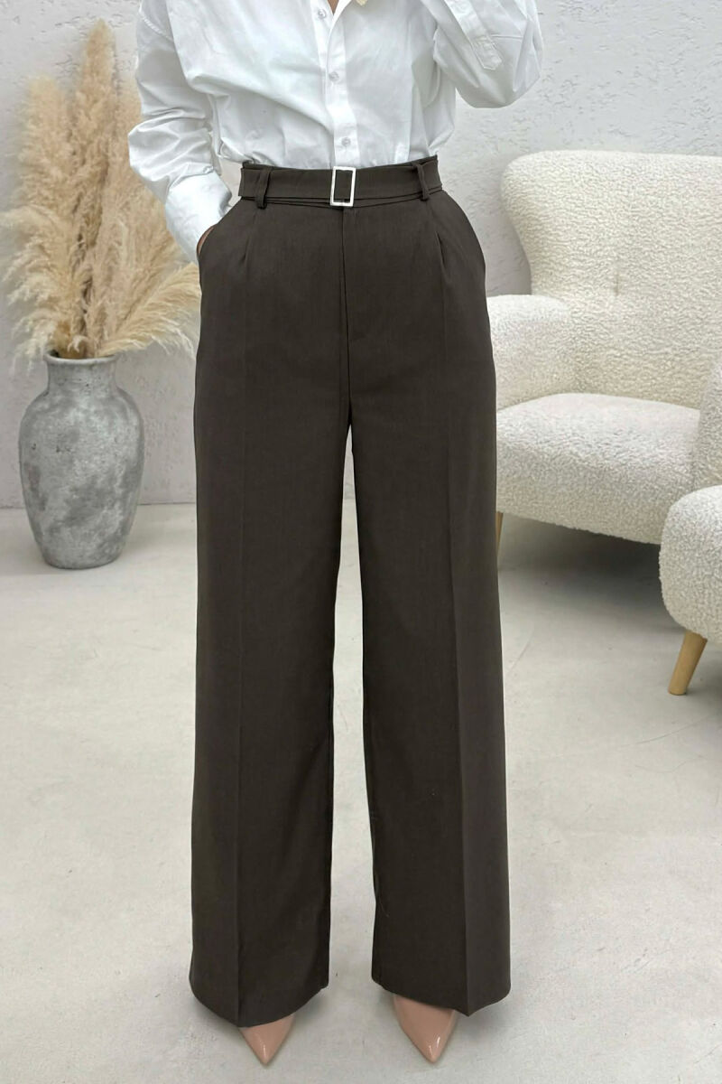 BELT DETAIL WIDE LEG WOMEN TROUSERS BROWN/KAFE - 4