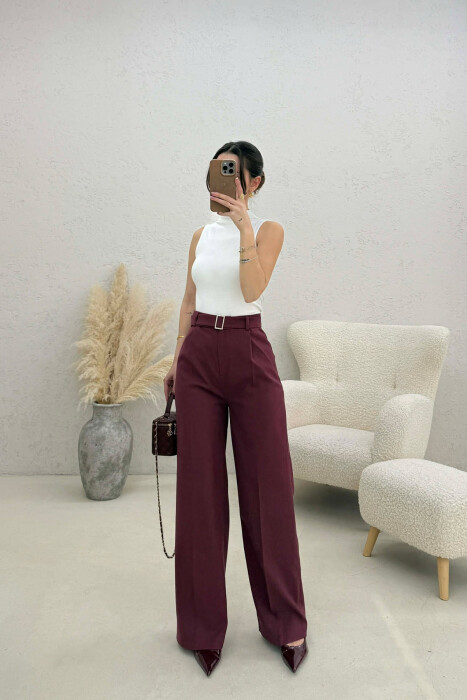 BELT DETAIL WIDE LEG WOMEN TROUSERS BURGUNDY/VISHNJE - 1