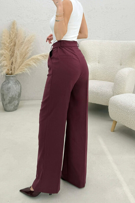 BELT DETAIL WIDE LEG WOMEN TROUSERS BURGUNDY/VISHNJE - 2