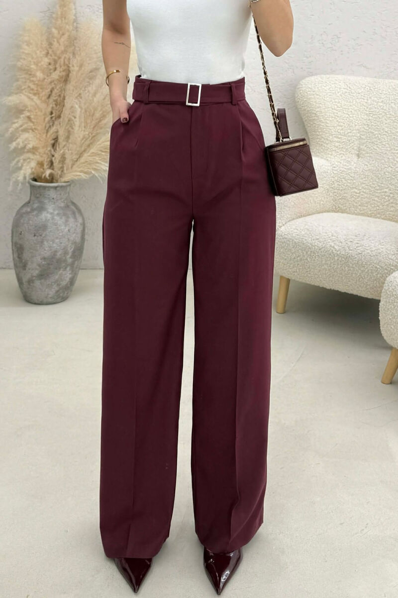 BELT DETAIL WIDE LEG WOMEN TROUSERS BURGUNDY/VISHNJE - 3