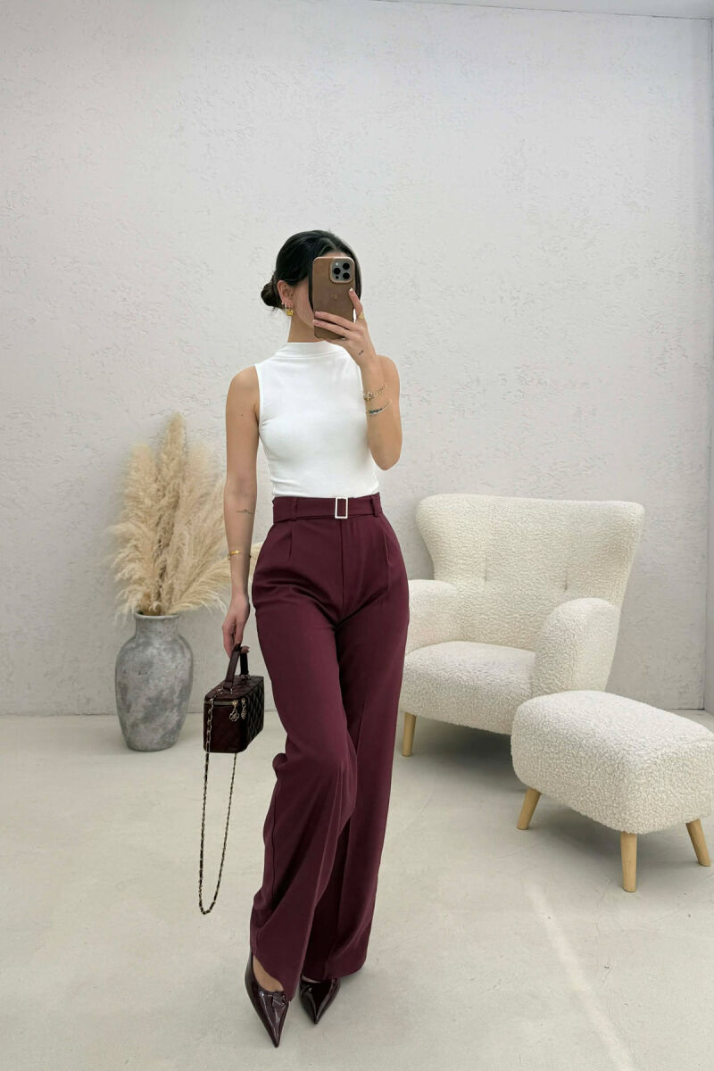 BELT DETAIL WIDE LEG WOMEN TROUSERS BURGUNDY/VISHNJE - 4