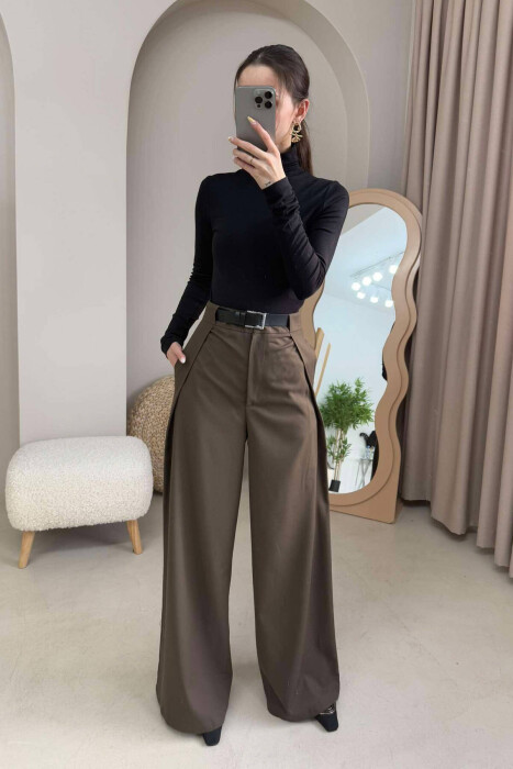 BELT DETAIL WIDE LEG WOMEN TROUSERS IN DARK GREEN COLOR 