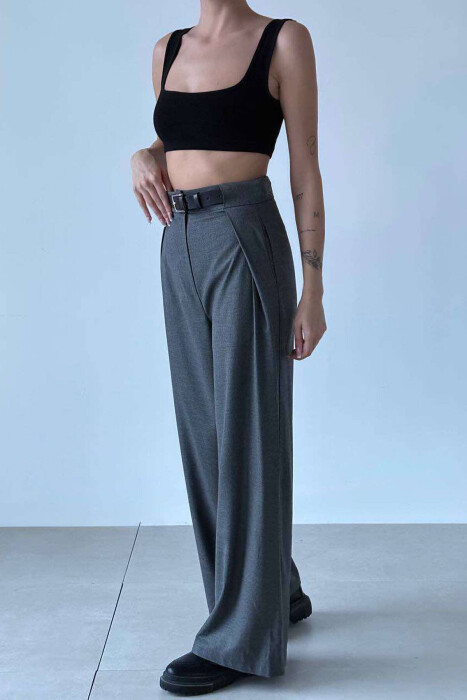 BELT DETAIL WIDE LEG WOMEN TROUSERS IN GREY COLOR 