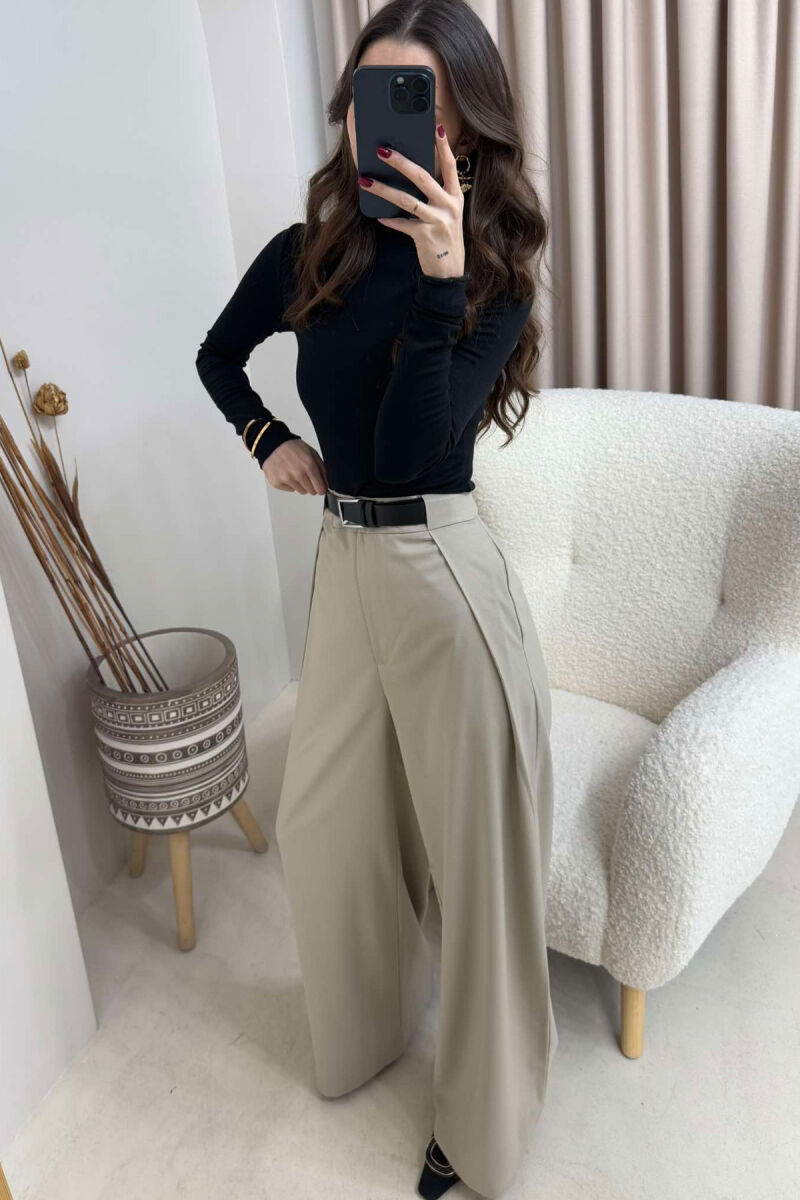 BELT DETAIL WIDE LEG WOMEN TROUSERS IN BEIGE COLOR - 2