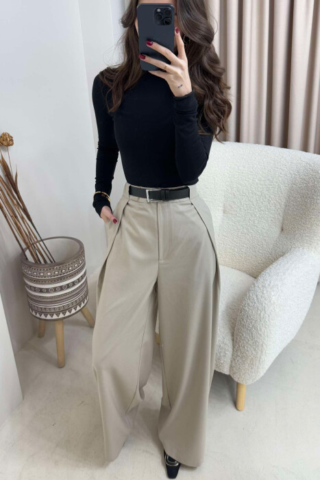 BELT DETAIL WIDE LEG WOMEN TROUSERS IN BEIGE COLOR - 3