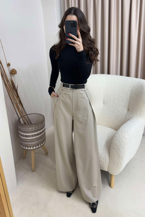 BELT DETAIL WIDE LEG WOMEN TROUSERS IN BEIGE COLOR - 4