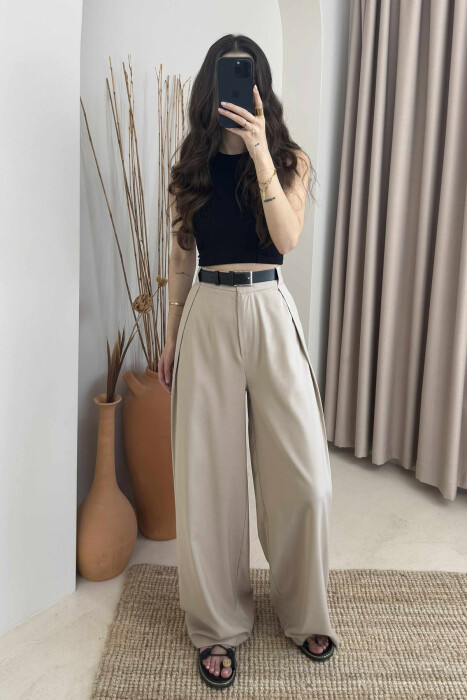 BELT DETAIL WIDE LEG WOMEN TROUSERS IN BEIGE COLOR 