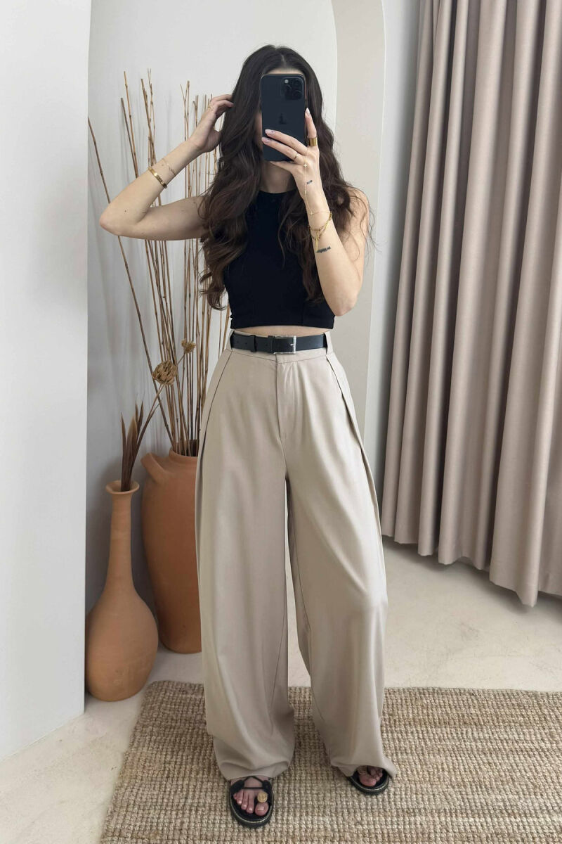 BELT DETAIL WIDE LEG WOMEN TROUSERS IN BEIGE COLOR - 2
