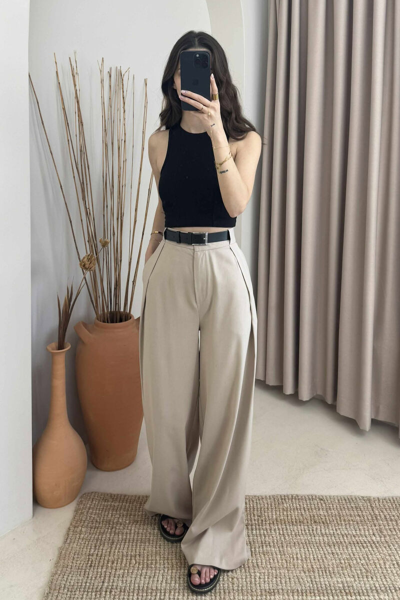 BELT DETAIL WIDE LEG WOMEN TROUSERS IN BEIGE COLOR - 3