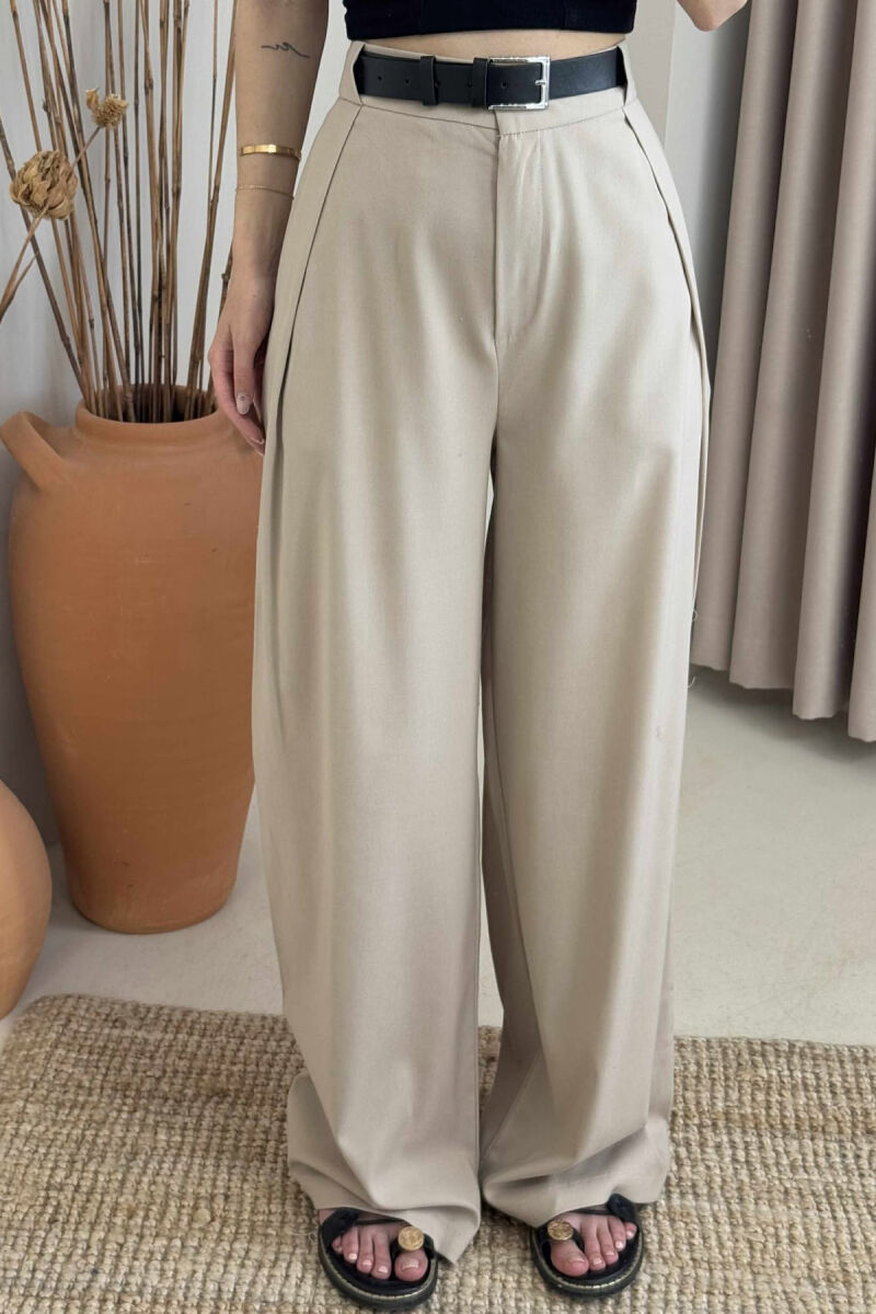BELT DETAIL WIDE LEG WOMEN TROUSERS IN BEIGE COLOR - 4