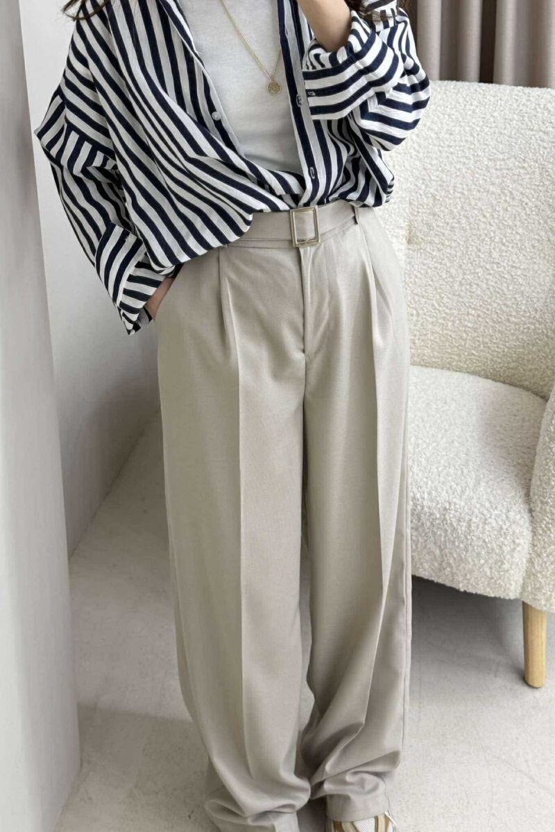 BELT DETAIL WIDE LEG WOMEN TROUSERS IN BEIGE COLOR - 2