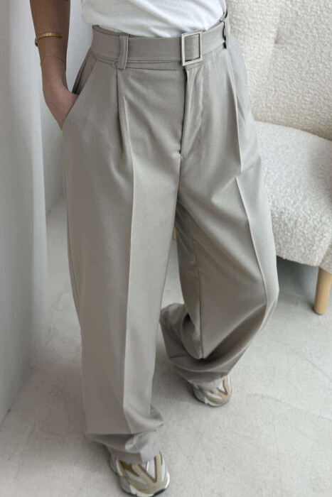 BELT DETAIL WIDE LEG WOMEN TROUSERS IN BEIGE COLOR - 4