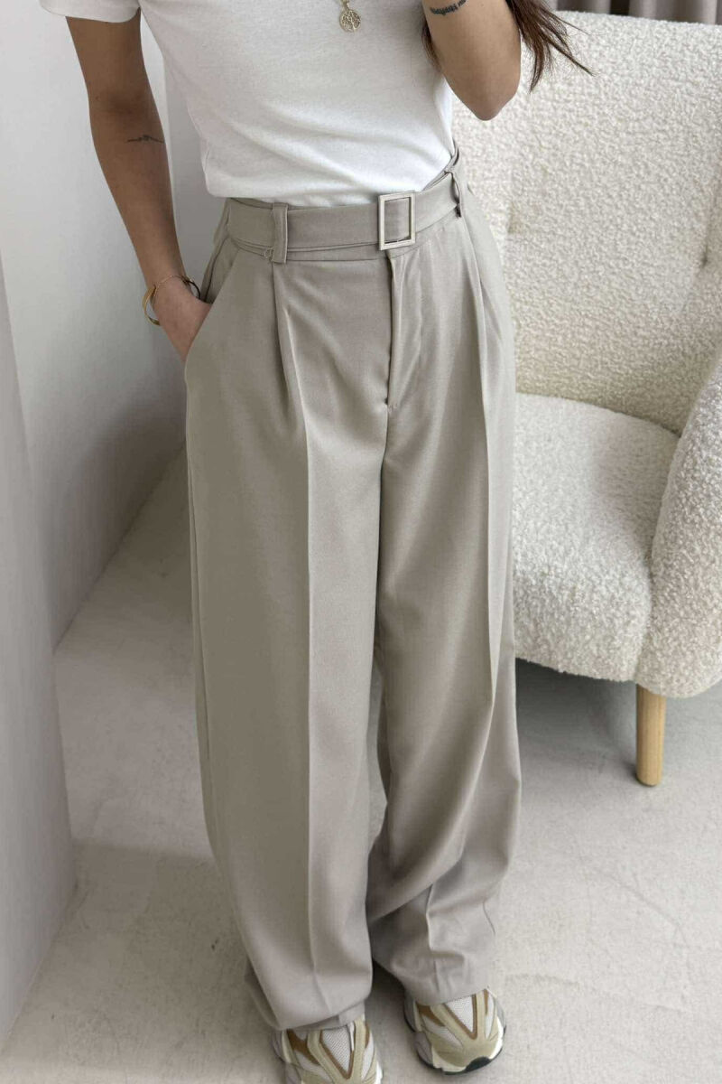 BELT DETAIL WIDE LEG WOMEN TROUSERS IN BEIGE COLOR - 5