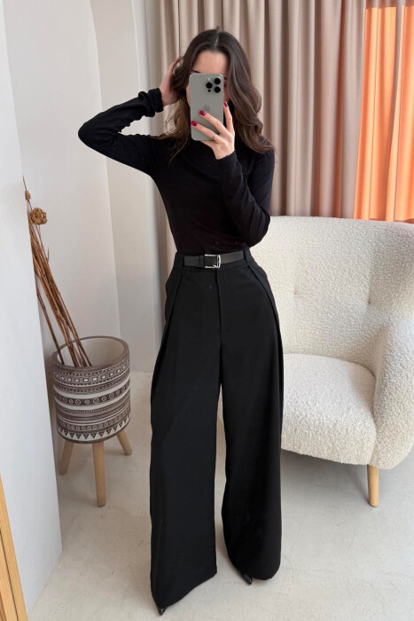 BELT DETAIL WIDE LEG WOMEN TROUSERS IN BLACK COLOR 