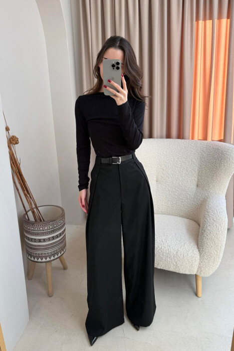 BELT DETAIL WIDE LEG WOMEN TROUSERS IN BLACK COLOR - 2